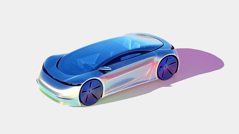 A sleek, metallic car with a glass rooftop is depicted in a 3D image against a gray backdrop, giving off a futuristic vibe.