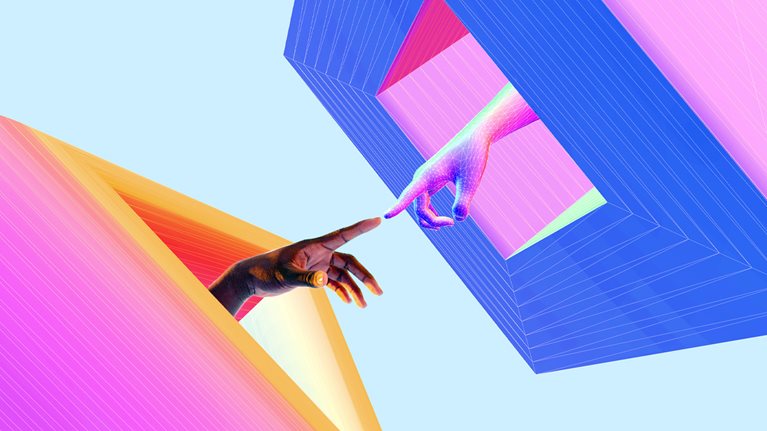3D illustration of a human hand and a digital hand reaching through geometric portals and touching finger tips at the center of the frame