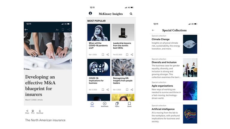 Screenshots displaying McKinsey Insights App for iOS and Android